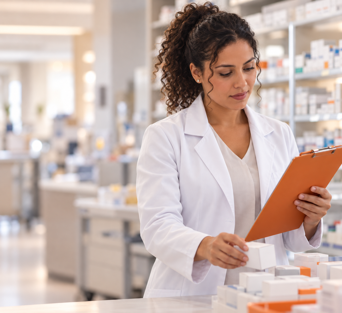 Farmacêutica organizando medicamentos na farmácia